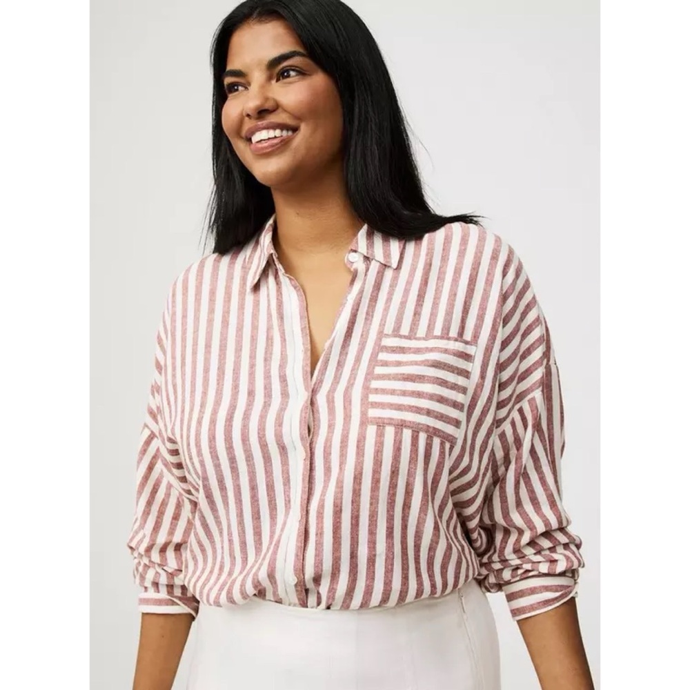 Torrid Drop Shoulder Linen Blend Striped Button Up Shirt Beachy Breathable 2X